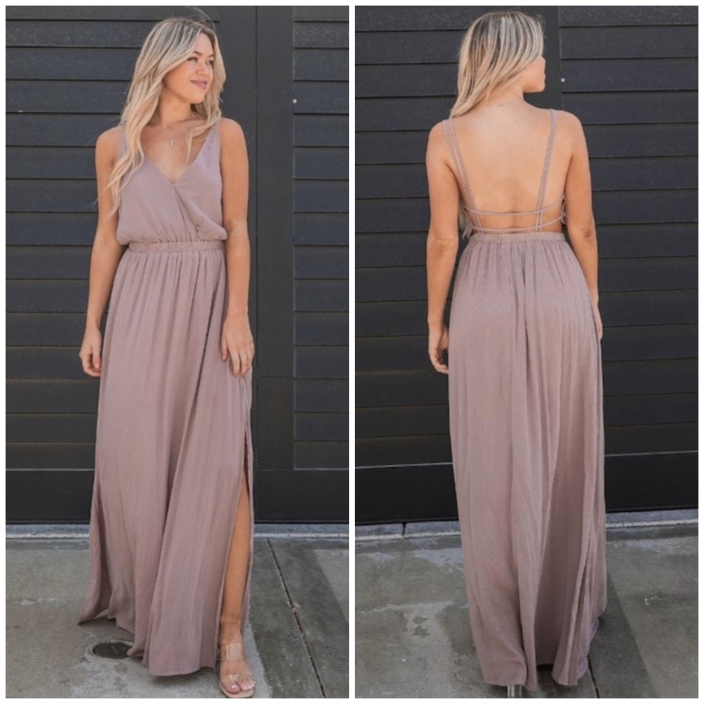 SOLD OUT Mauve Solid Rayon Gauze Sleeveless Open Back Maxi Dress W/ Slit - Picture 1 of 6